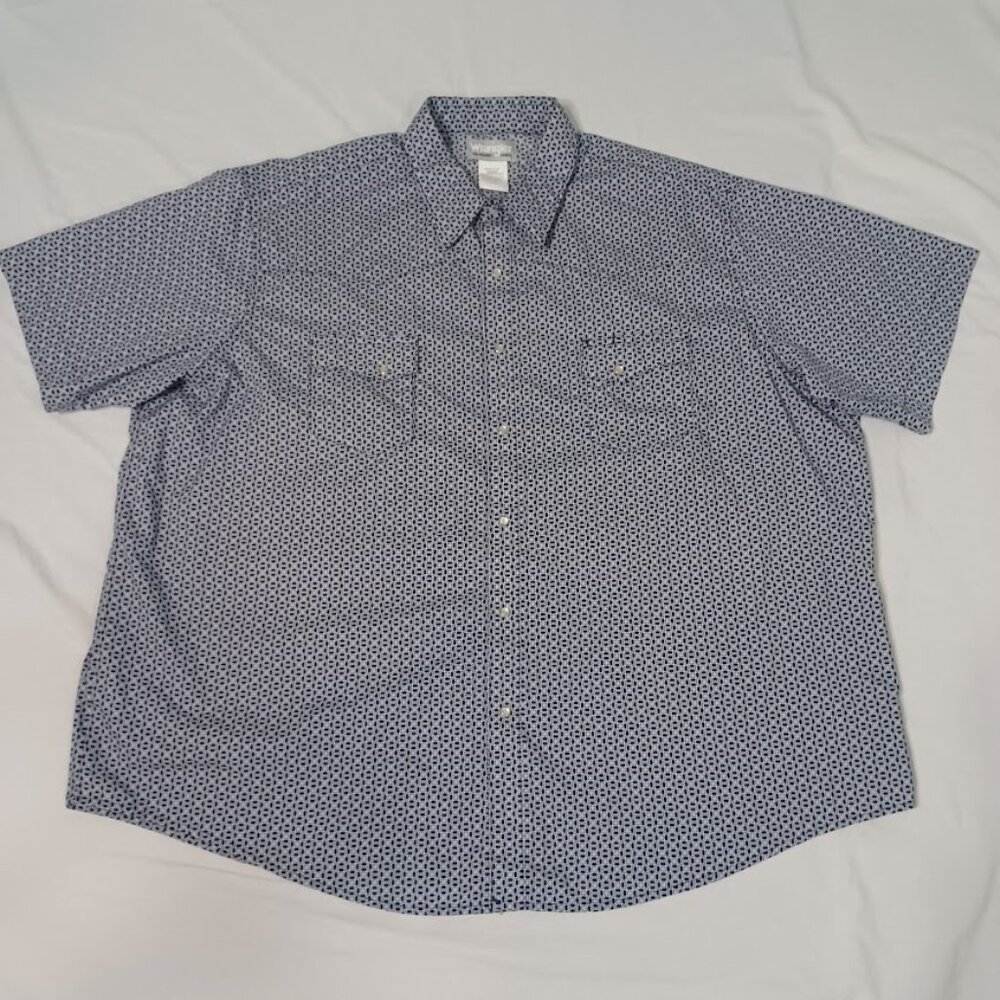 Wrangler Wrancher 3X Pearl Snap Shirt Short Sleeve Western Mens Blue Geometric
